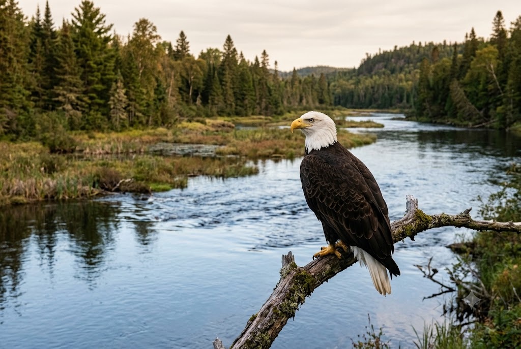 Bald eagle beside a North American river