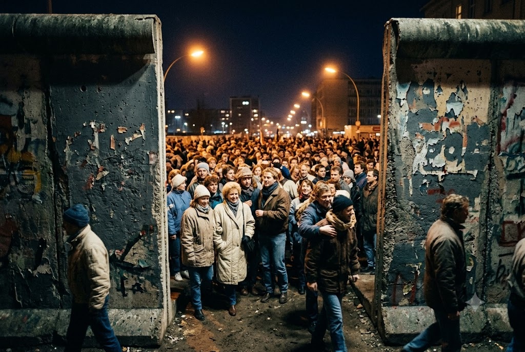 People gathered beside the Berlin Wall at night
