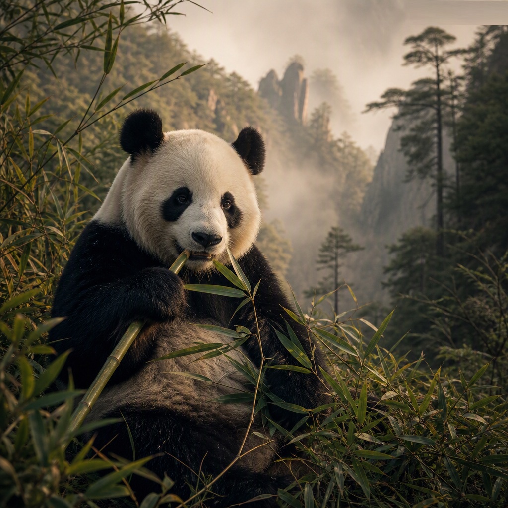 Giant panda eating bamboo in a mountain forest