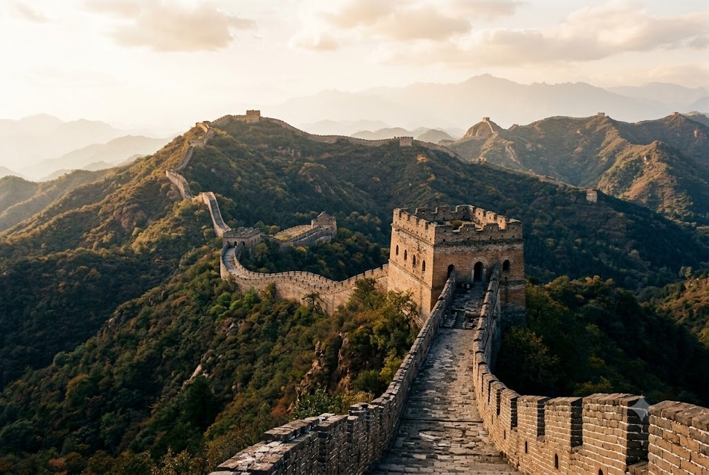 Great Wall of China across mountain ridges