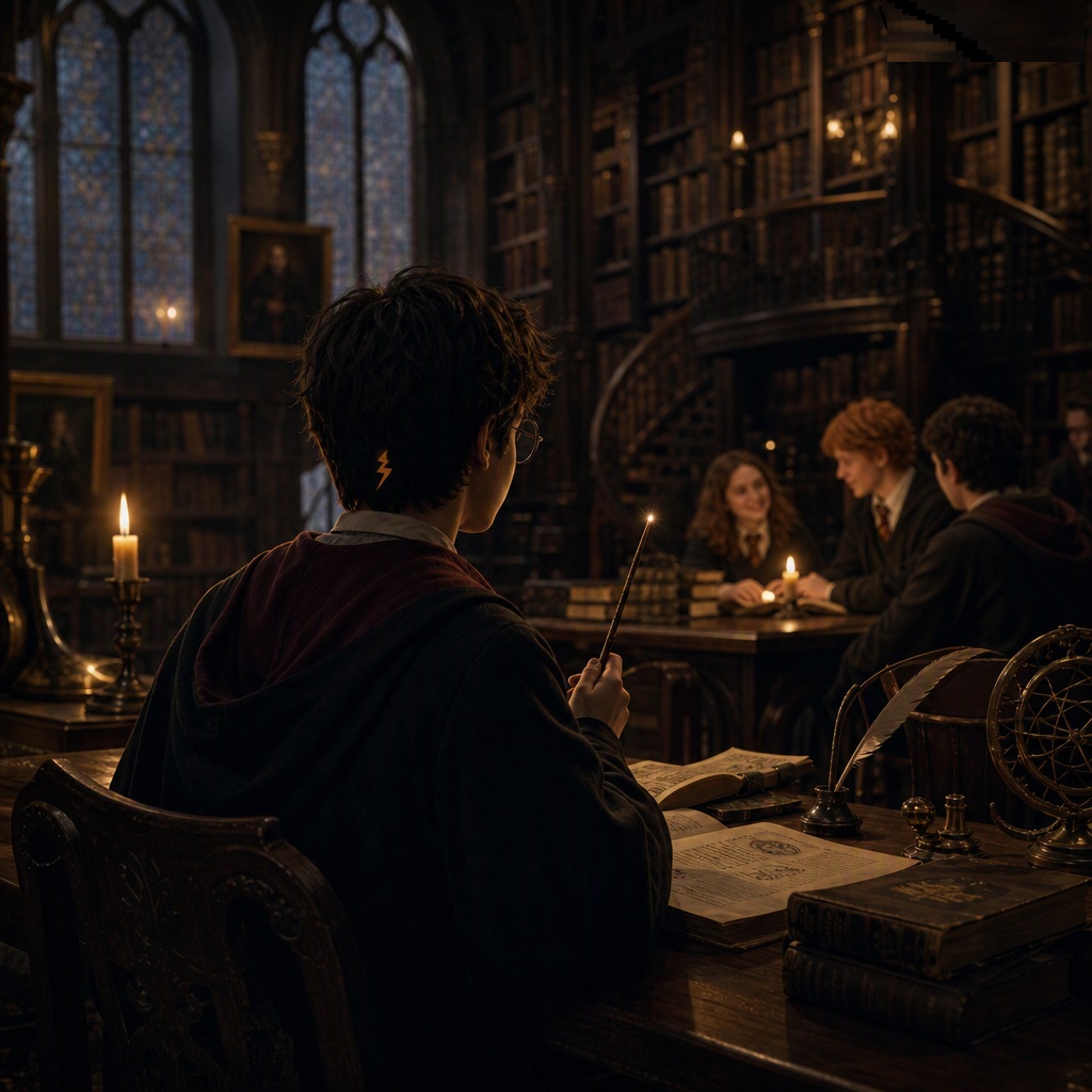 Fictional young wizard in a candlelit library