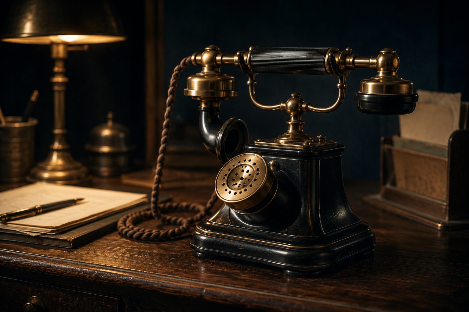 Classic telephone on a wooden desk