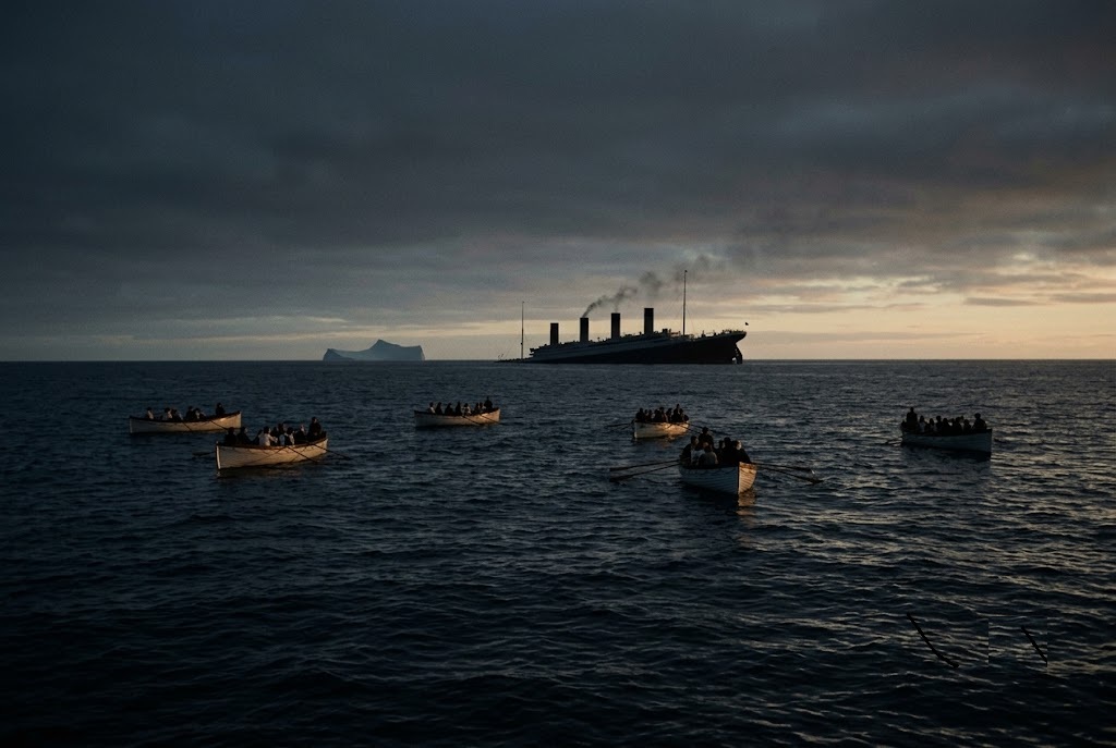 RMS Titanic and lifeboats in the North Atlantic